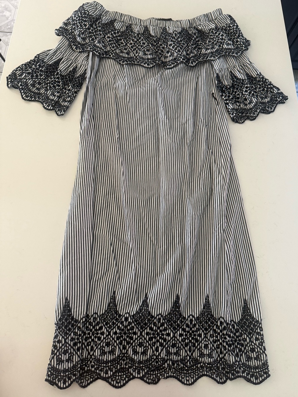 BCBGMaxAzria Black & White Striped Off-Shoulder Midi Dress